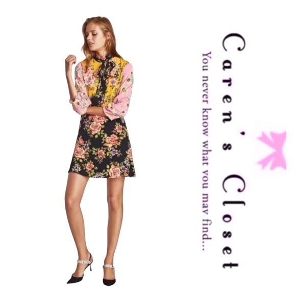 Zara Mixed Floral Long Sleeve Tie Neck Boho Chic Dress - Picture 6 of 12